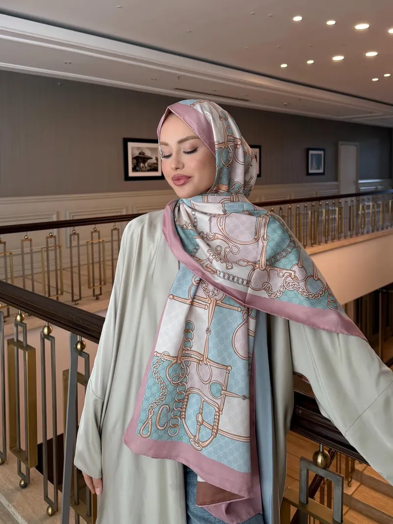 İthal Pudra Pembe & Kiremit GC Zincir Desen Twill İpek Şal