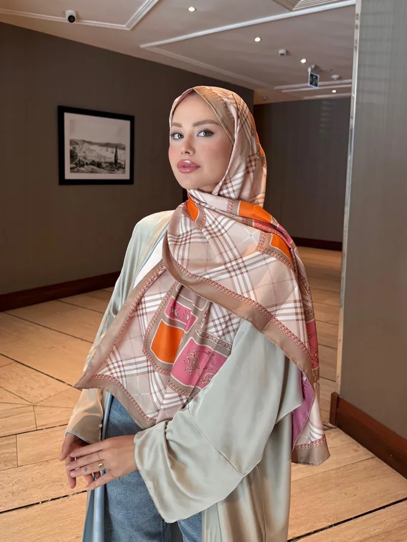 İthal Şeker Pembe & Pudra B Desen Twill İpek Şal