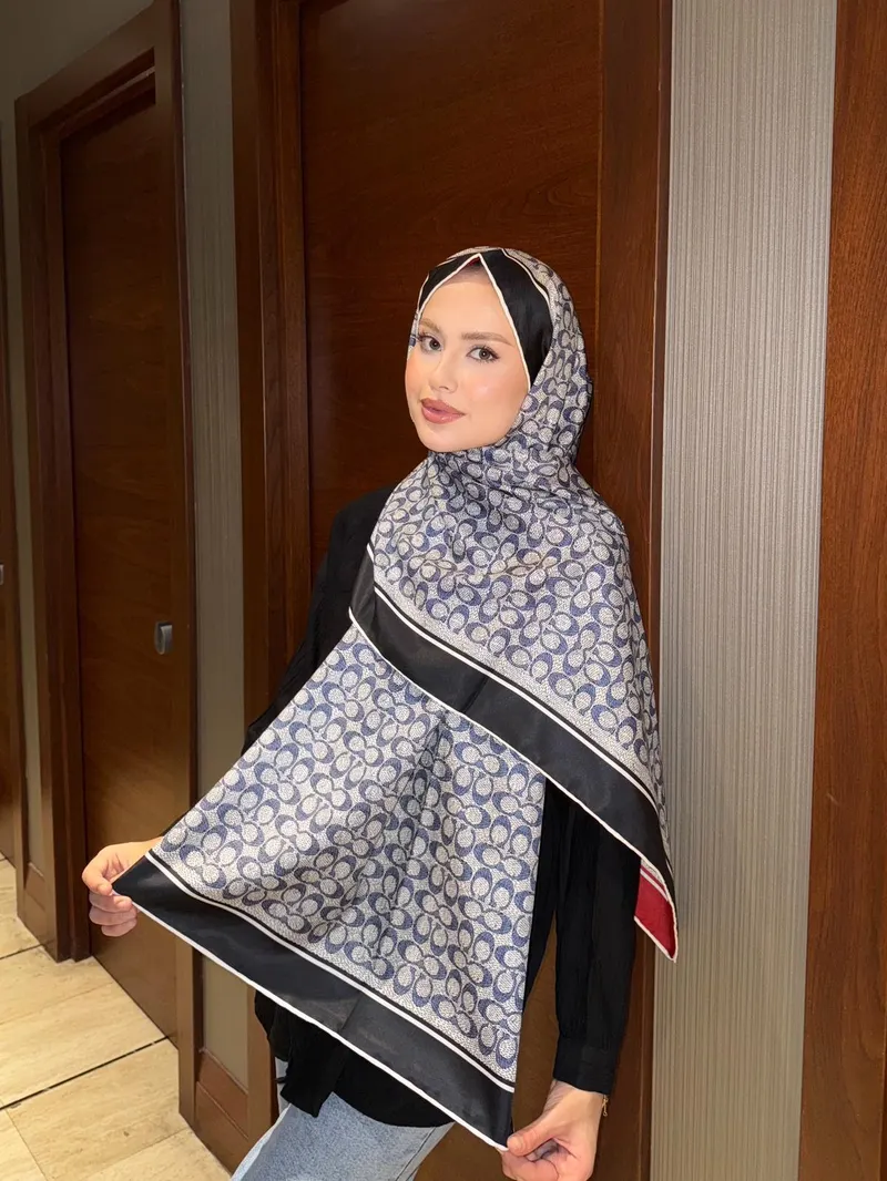 İthal Siyah & Kırmızı C Desen Twill İpek Şal