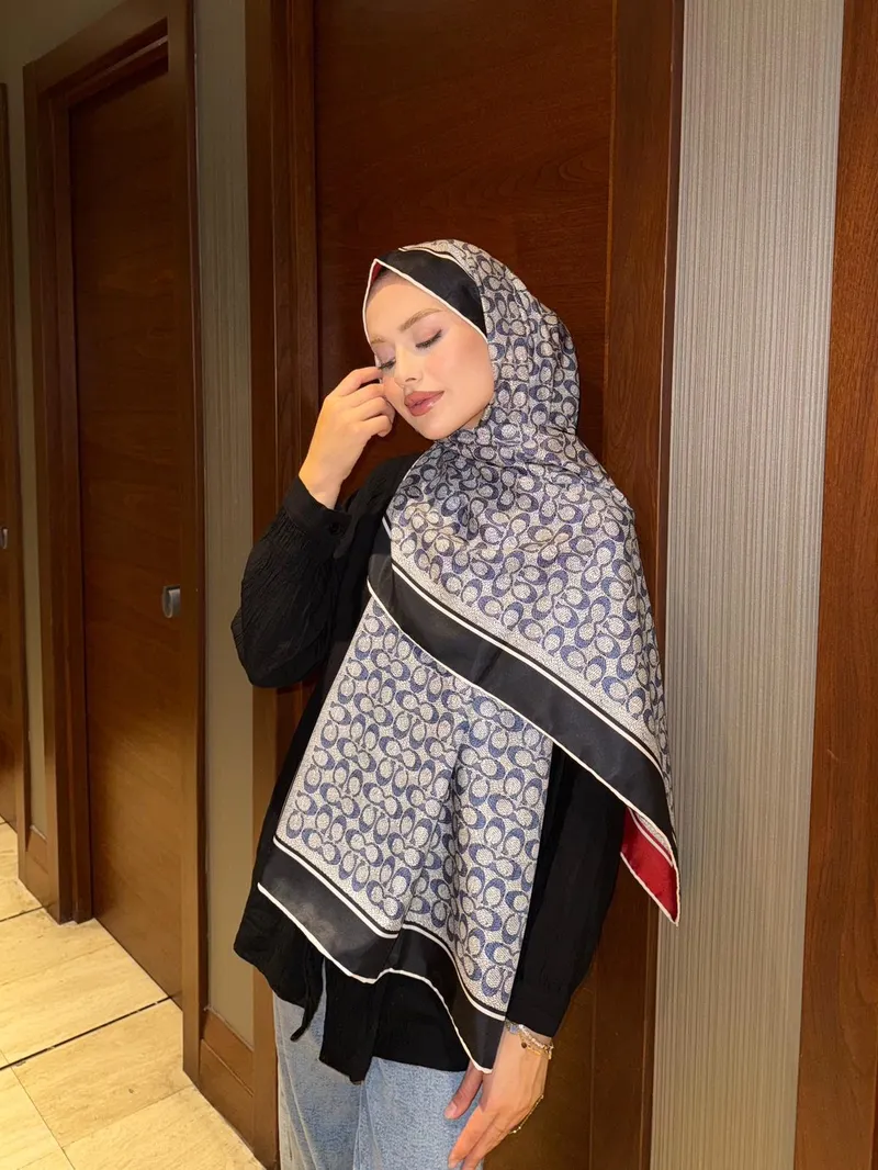 İthal Siyah & Kırmızı C Desen Twill İpek Şal