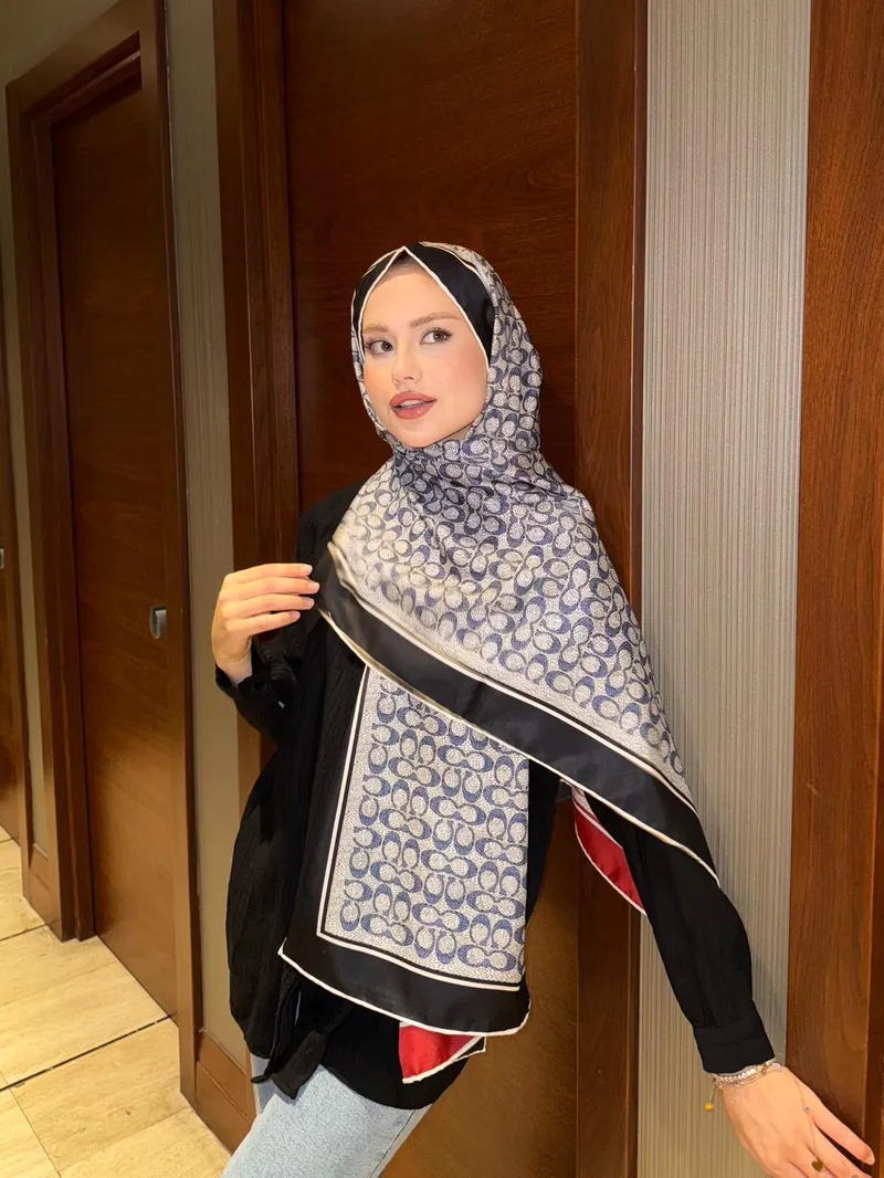 İthal Siyah & Kırmızı C Desen Twill İpek Şal
