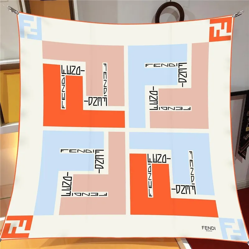 İthal Turuncu & Buz Mavi F Square Desen Twill İpek Eşarp