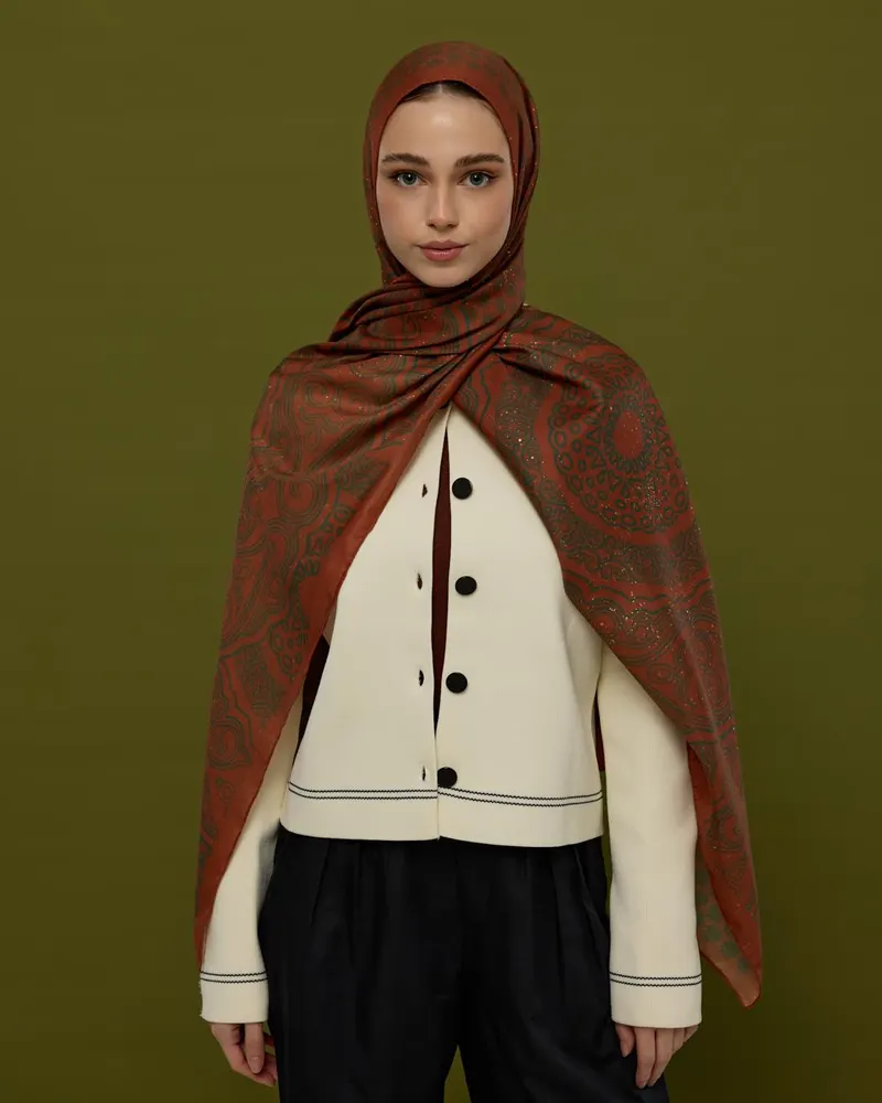 Kızıl Bakır & Koyu Yeşil Bala Hatun Desen Şal - 26