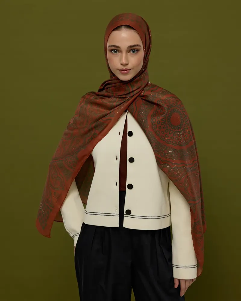 Kızıl Bakır & Koyu Yeşil Bala Hatun Desen Şal - 26