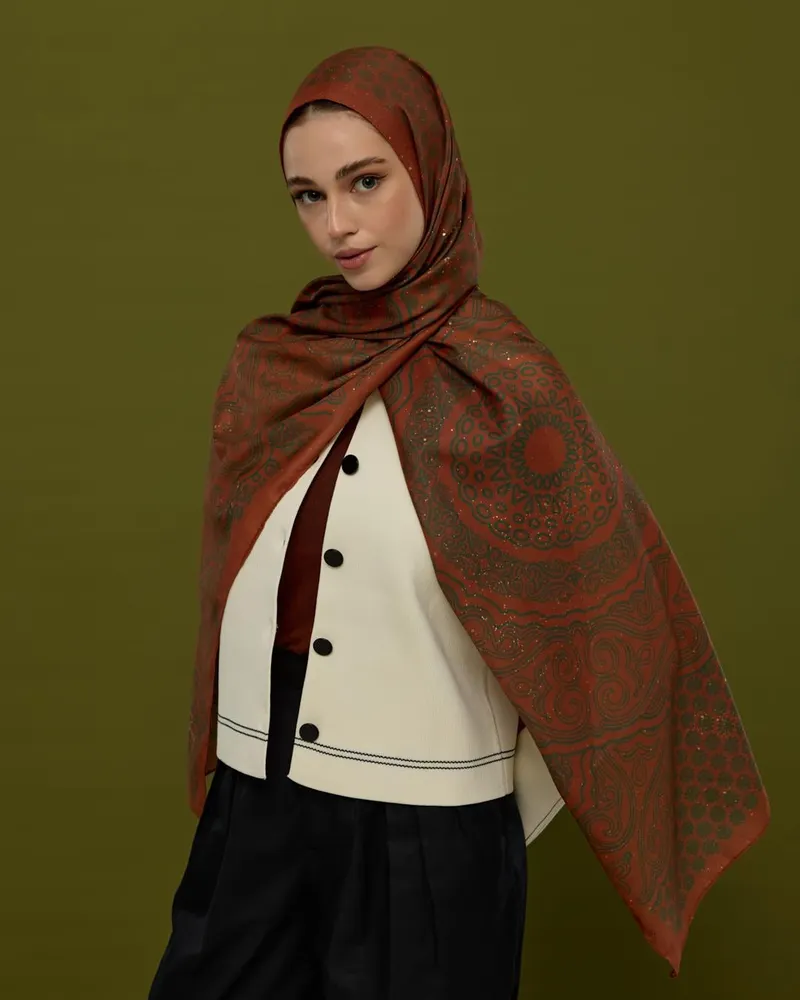 Kızıl Bakır & Koyu Yeşil Bala Hatun Desen Şal - 26