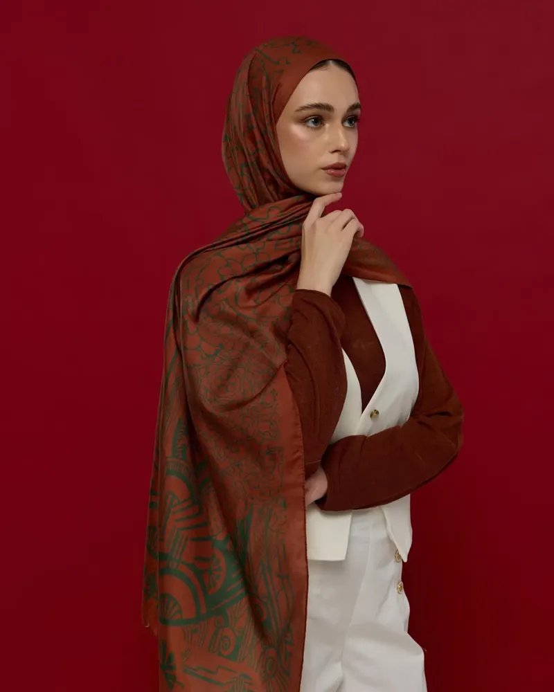 Kızıl Bakır & Koyu Yeşil Harem Rüyası Desen Şal - 26
