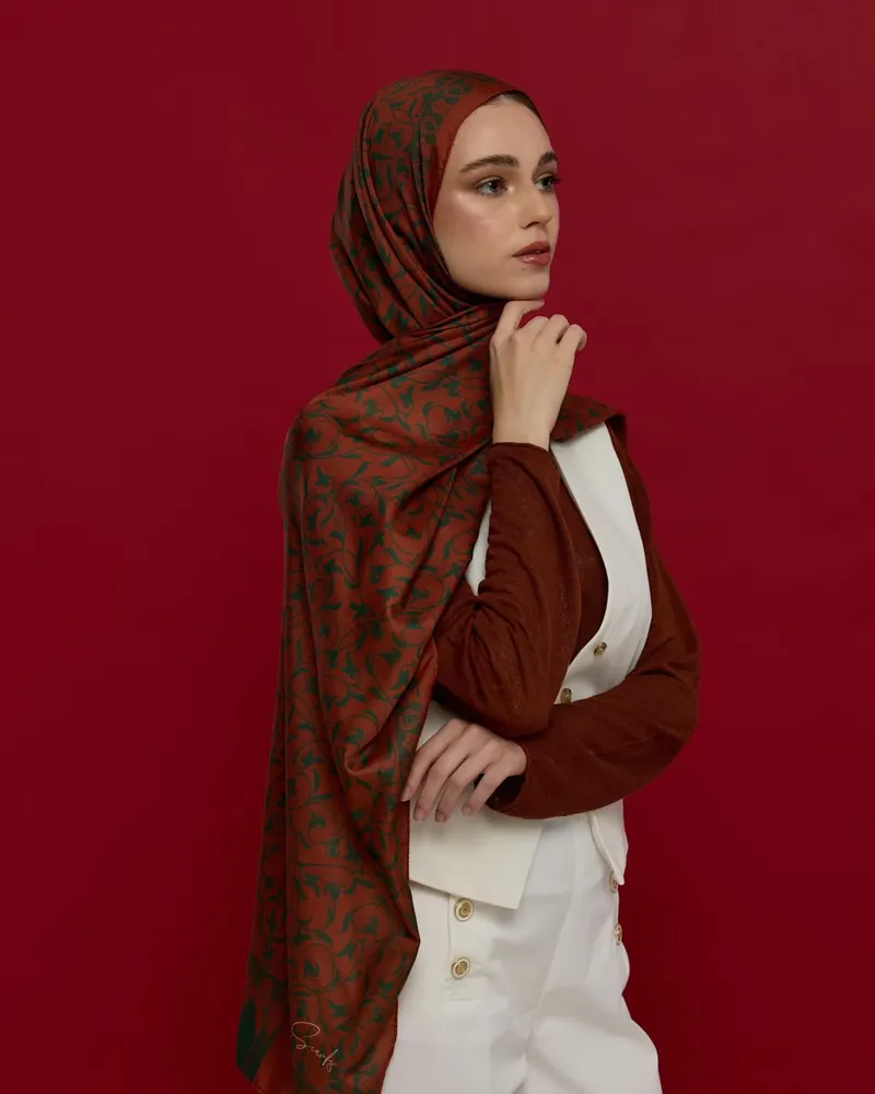 Kızıl Bakır & Koyu Yeşil Lale Bahçesi Desen Şal - 26