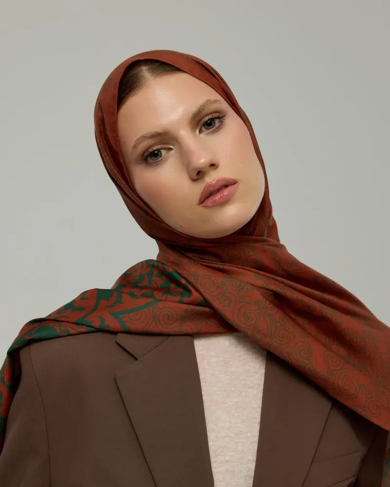 Kızıl Bakır & Koyu Yeşil Saraylı Desen Şal - 26