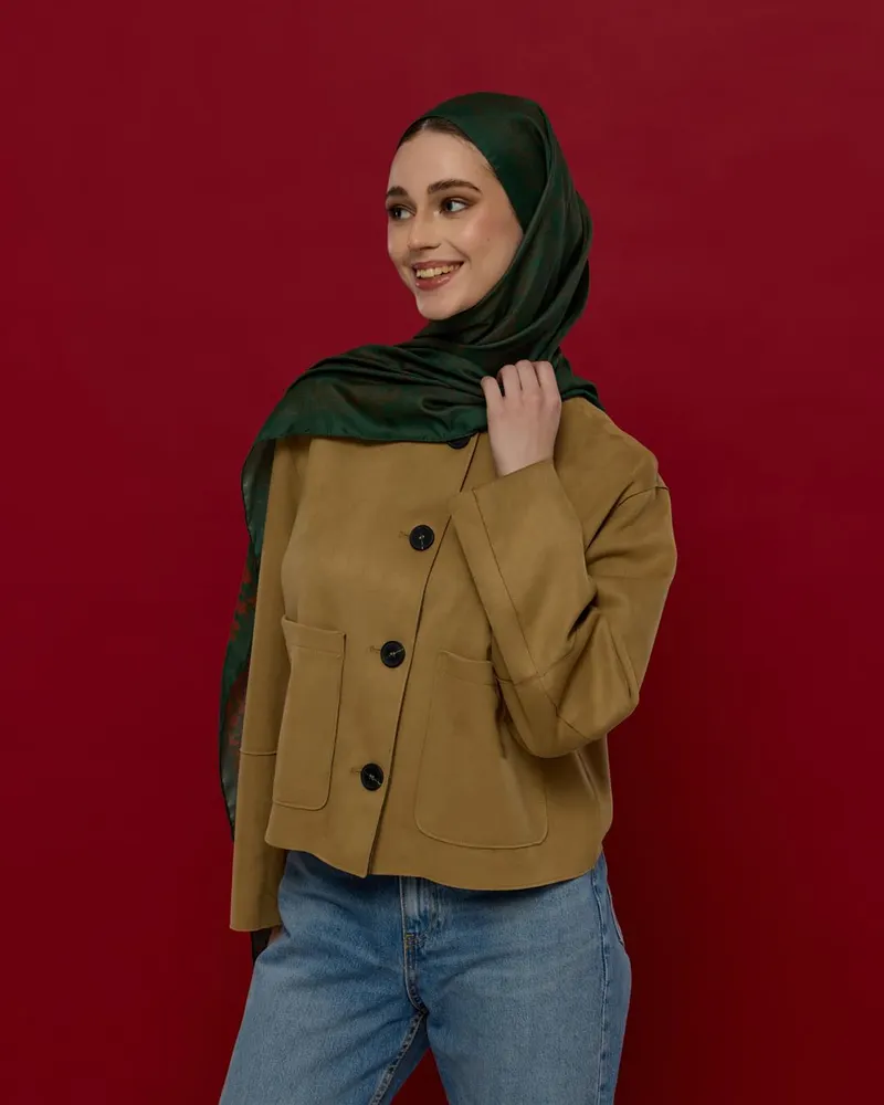 Koyu Yeşil & Kızıl Bakır Saraylı Desen Şal - 25