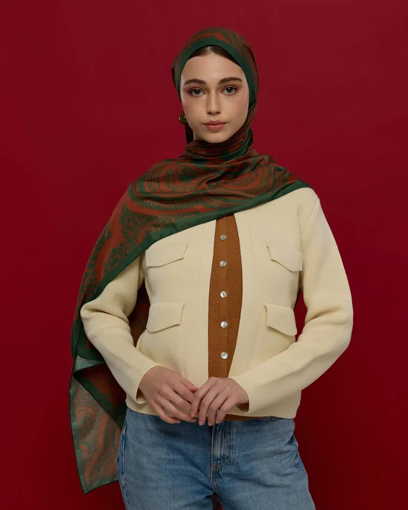Koyu Yeşil & Kızıl Bakır Sultani Desen Şal - 25 · görsel 4