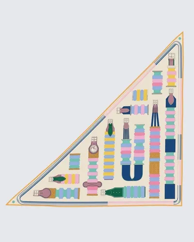 Krem & Pastel Çok Renkli - Geometrik Şerit ve Püskül Desenli Kaşmir Omuz Şalı · Krem