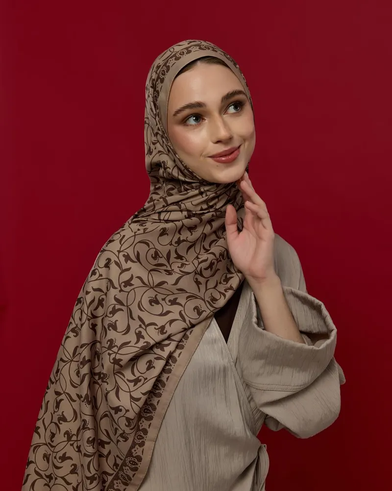 Krem Tarçını & Kakao Lale Bahçesi Desen Şal - 36