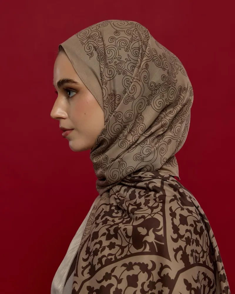 Krem Tarçını & Kakao Saraylı Desen Şal - 36
