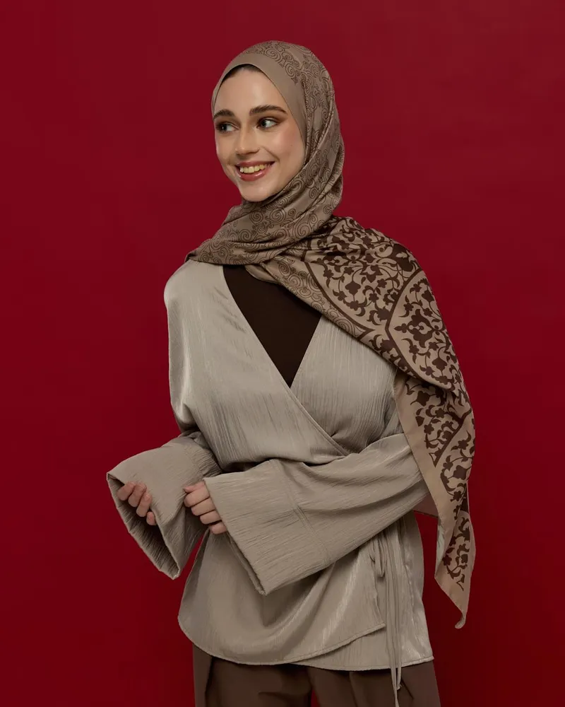 Krem Tarçını & Kakao Saraylı Desen Şal - 36
