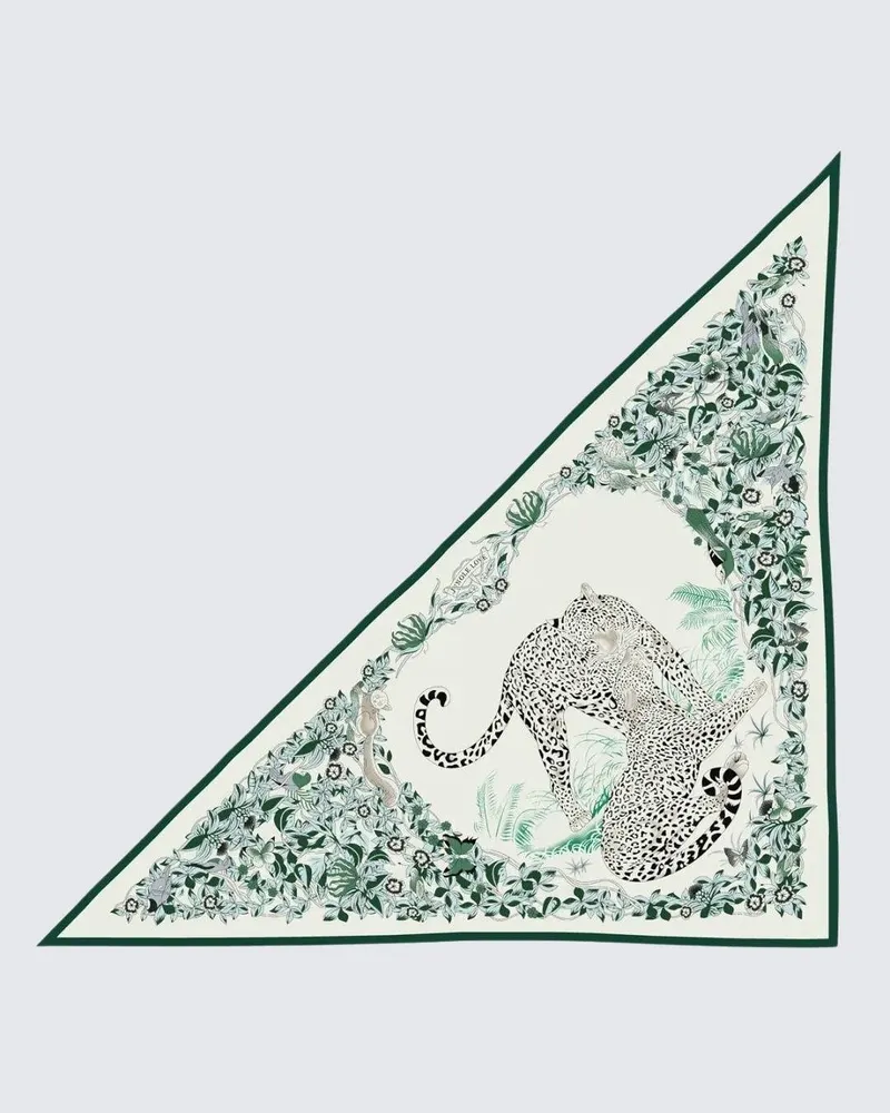 Krem & Yeşil Kenar - Tropikal Leopar Desenli Kaşmir Omuz Şalı