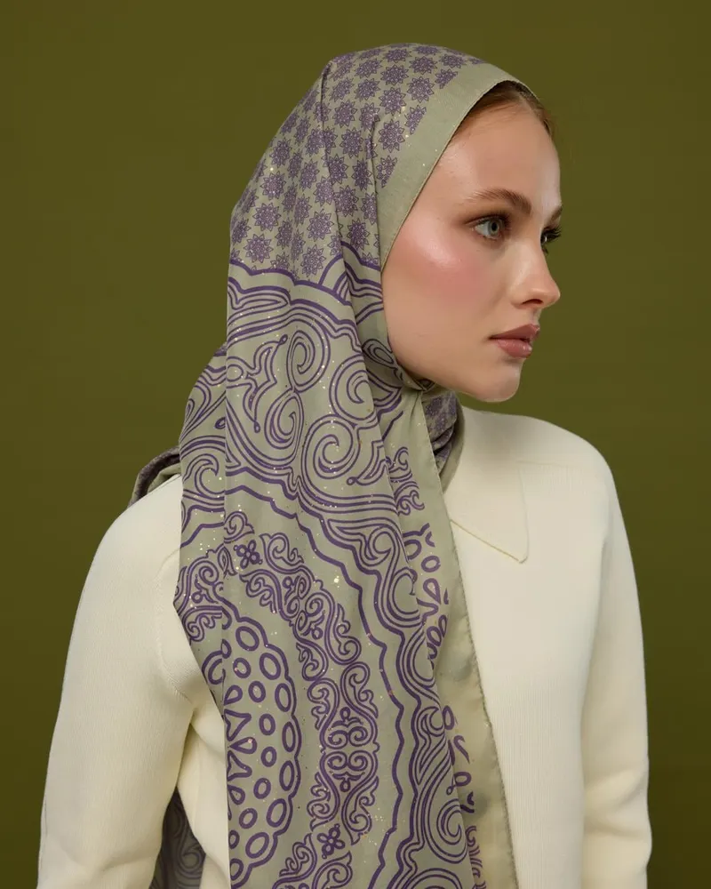 Krem Zencefil & Menekşe Bala Hatun Desen Şal - 04