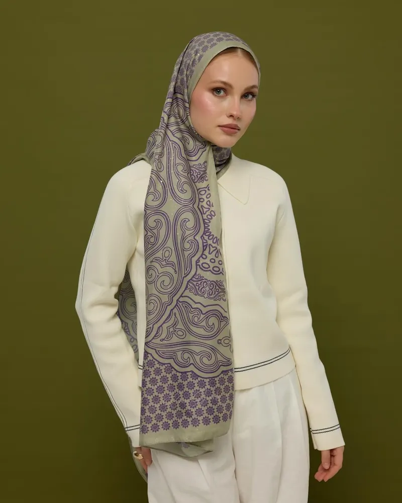 Krem Zencefil & Menekşe Bala Hatun Desen Şal - 04