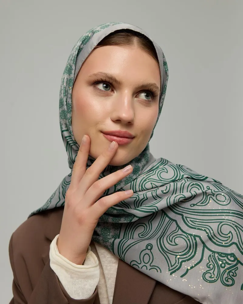 Krem & Zümrüt Bala Hatun Desen Şal - 56