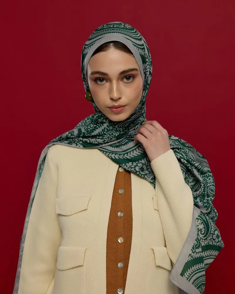 Krem & Zümrüt Sultani Desen Şal - 56