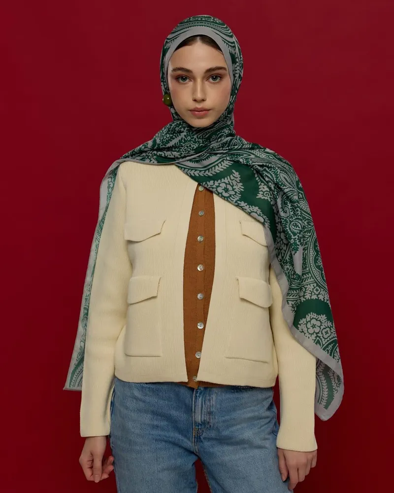 Krem & Zümrüt Sultani Desen Şal - 56