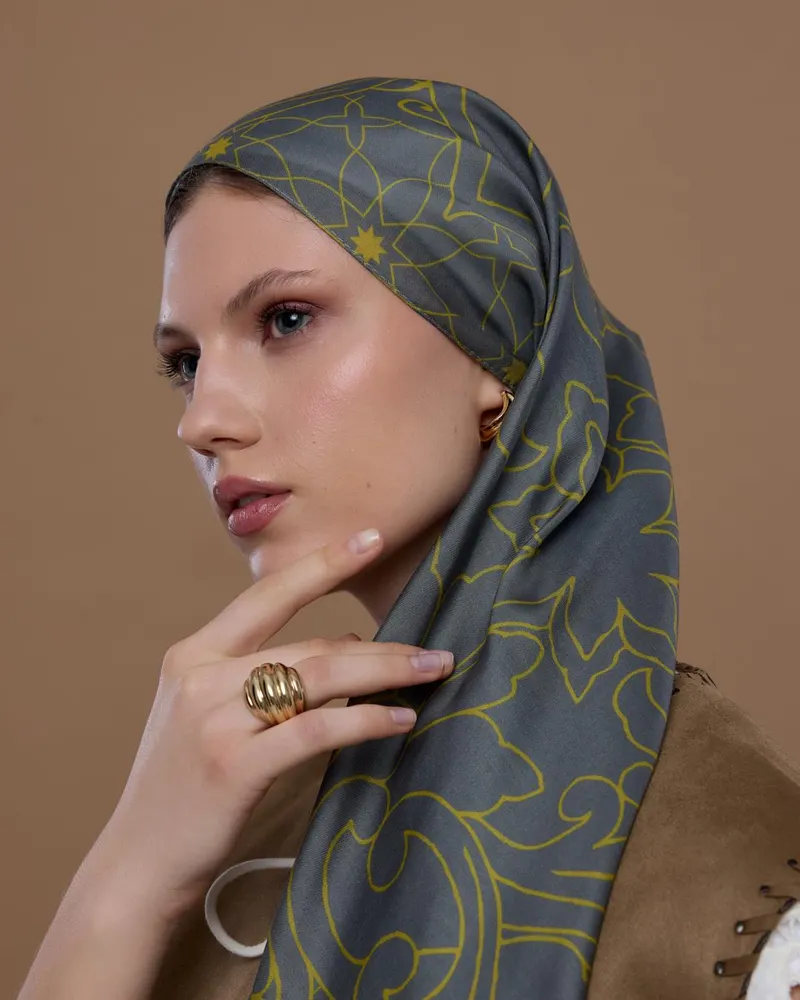 Kurşun Gri & Hasat Sarısı Efsunlu Desen Şal - 45