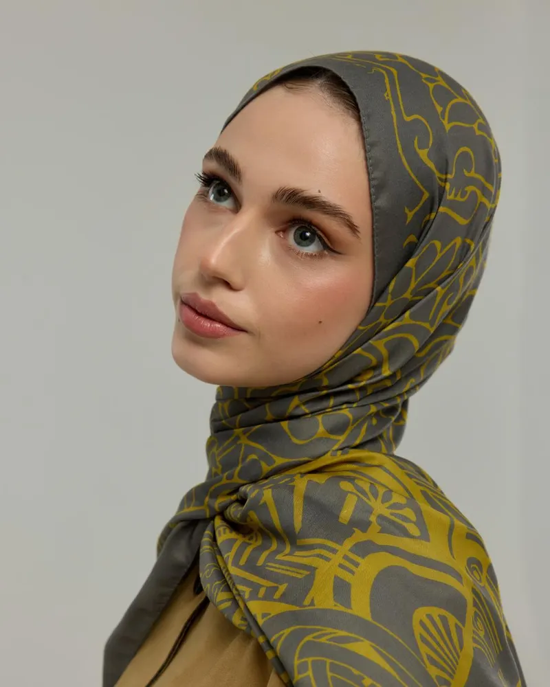 Kurşun Gri & Hasat Sarısı Harem Rüyası Desen Şal - 45