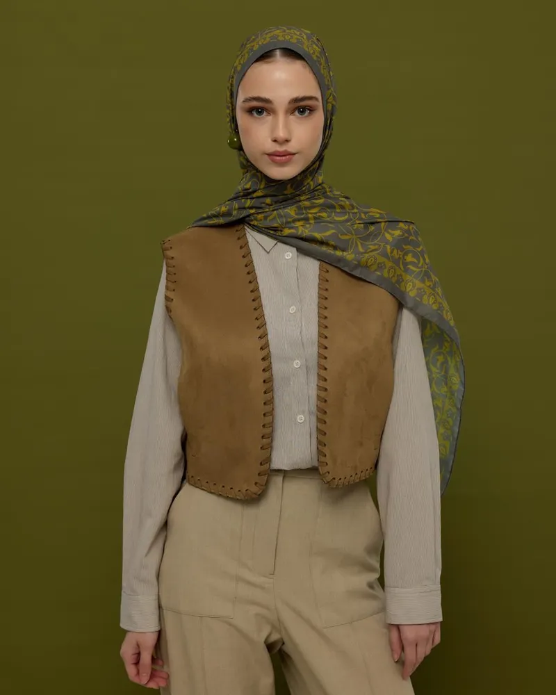 Kurşun Gri & Hasat Sarısı Lale Bahçesi Desen Şal - 45