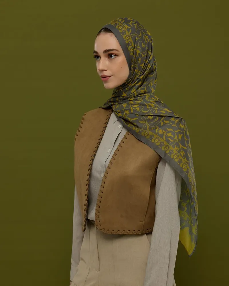 Kurşun Gri & Hasat Sarısı Lale Bahçesi Desen Şal - 45