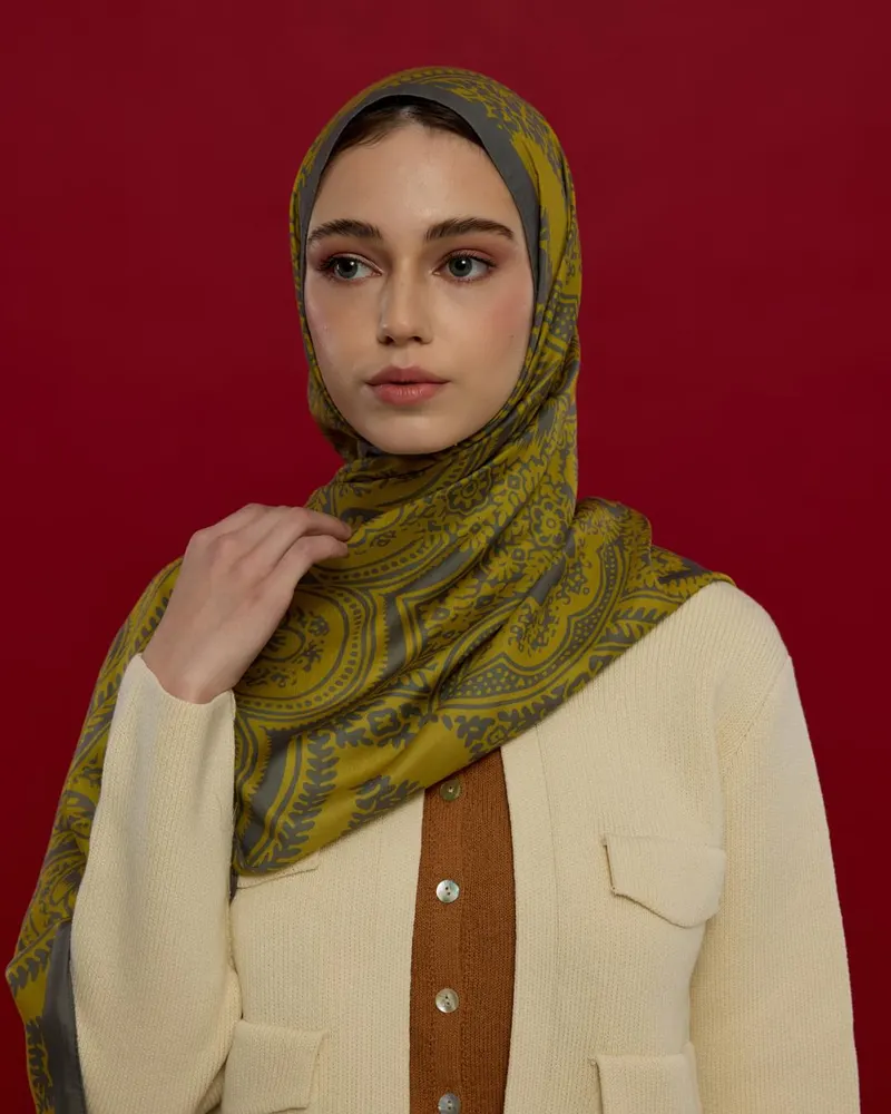 Kurşun Gri & Hasat Sarısı Sultani Desen Şal - 45