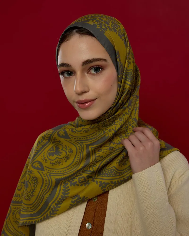Kurşun Gri & Hasat Sarısı Sultani Desen Şal - 45