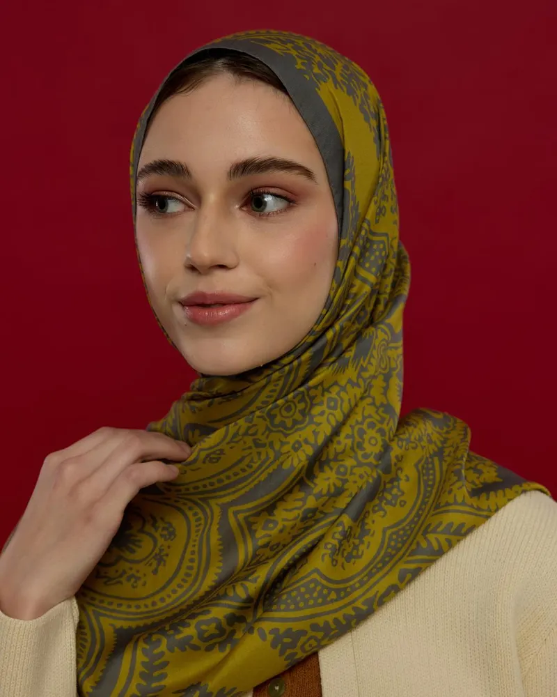 Kurşun Gri & Hasat Sarısı Sultani Desen Şal - 45