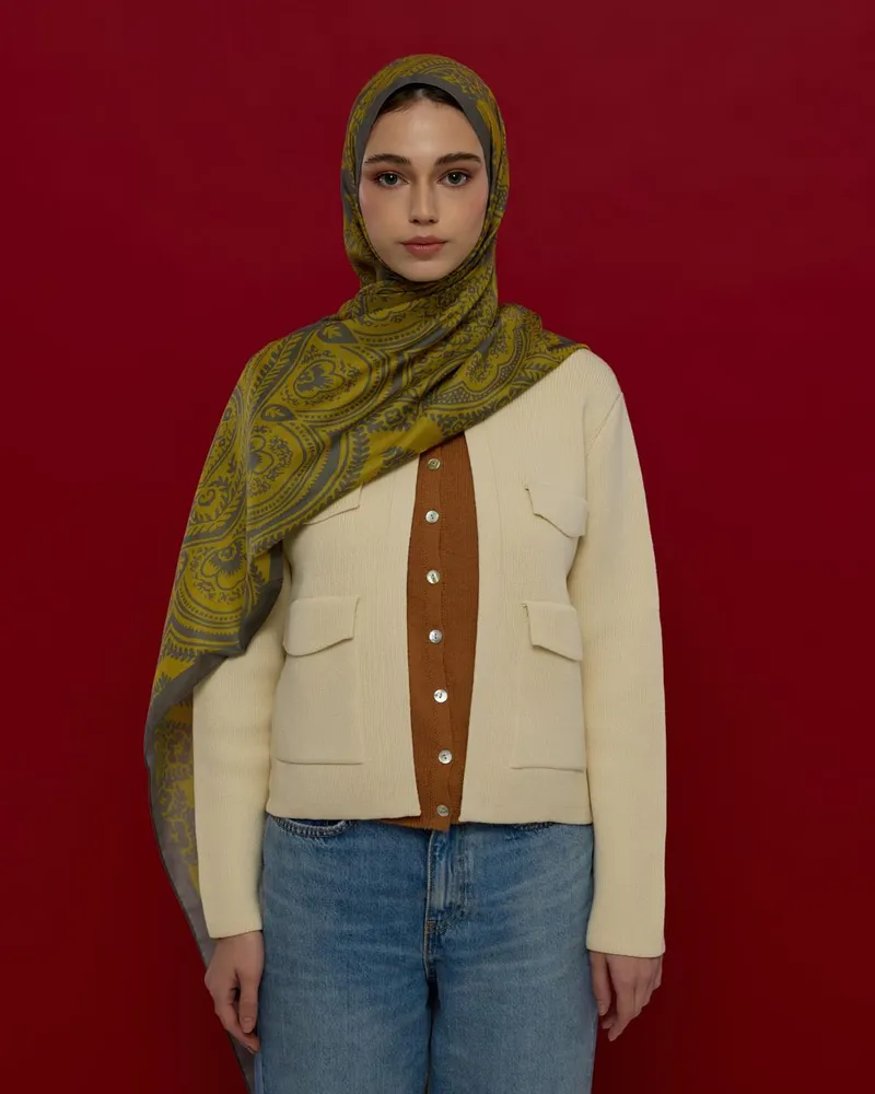 Kurşun Gri & Hasat Sarısı Sultani Desen Şal - 45