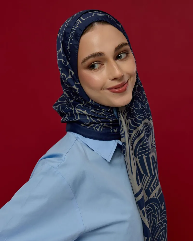 Lacivert & Bej Harem Rüyası Desen Şal - 59