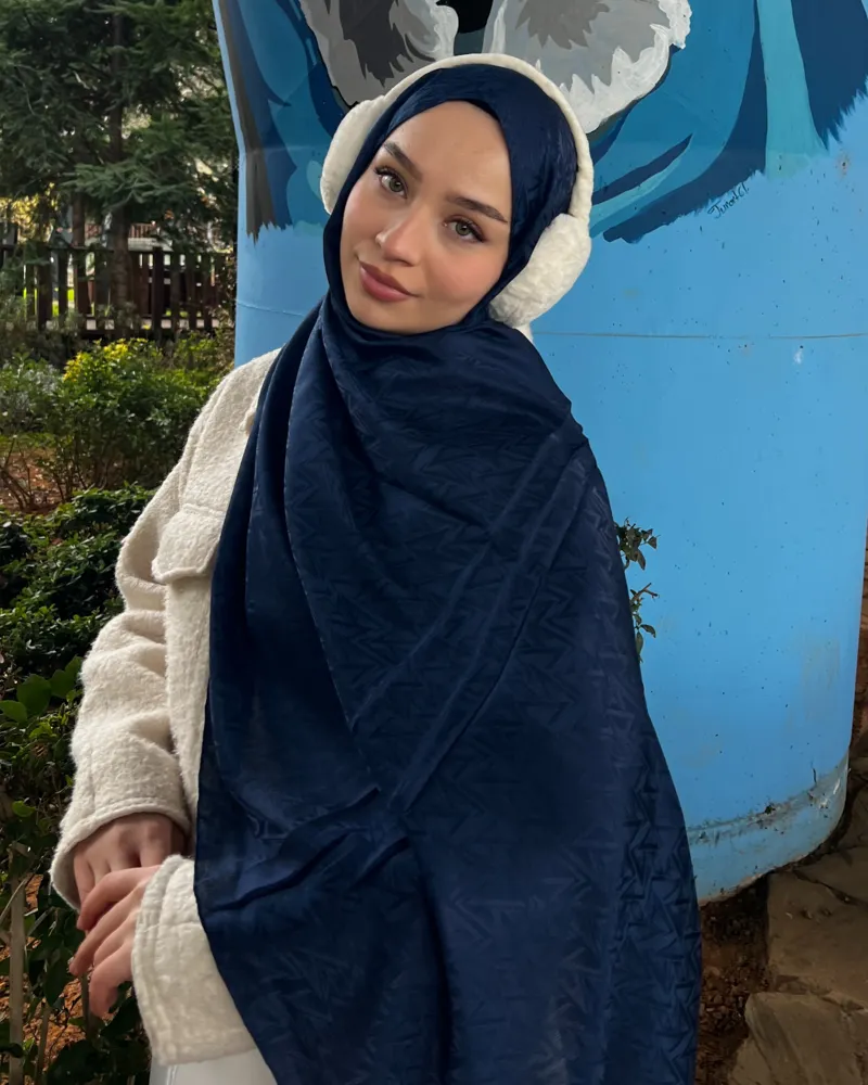 Lacivert Triya Desen Jakar Şal