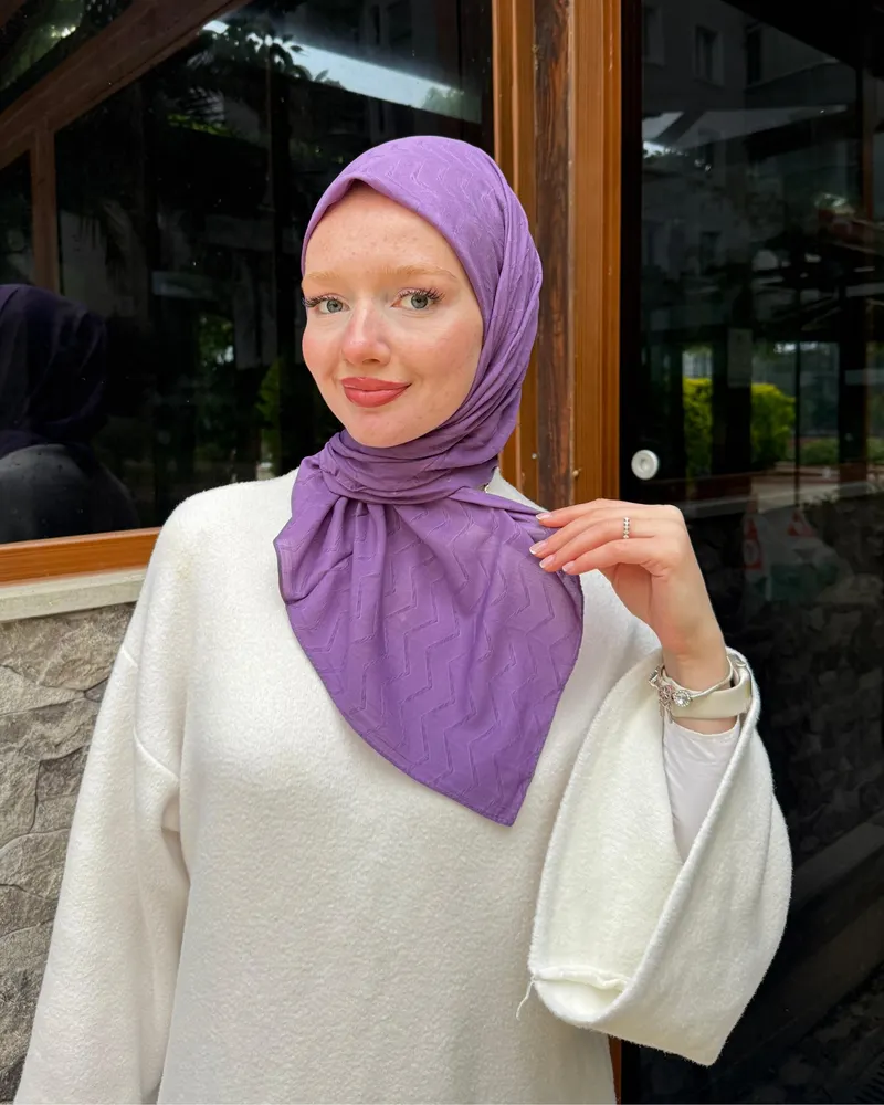 Lila Zikzak Lyocell Bambu Jakar Eşarp
