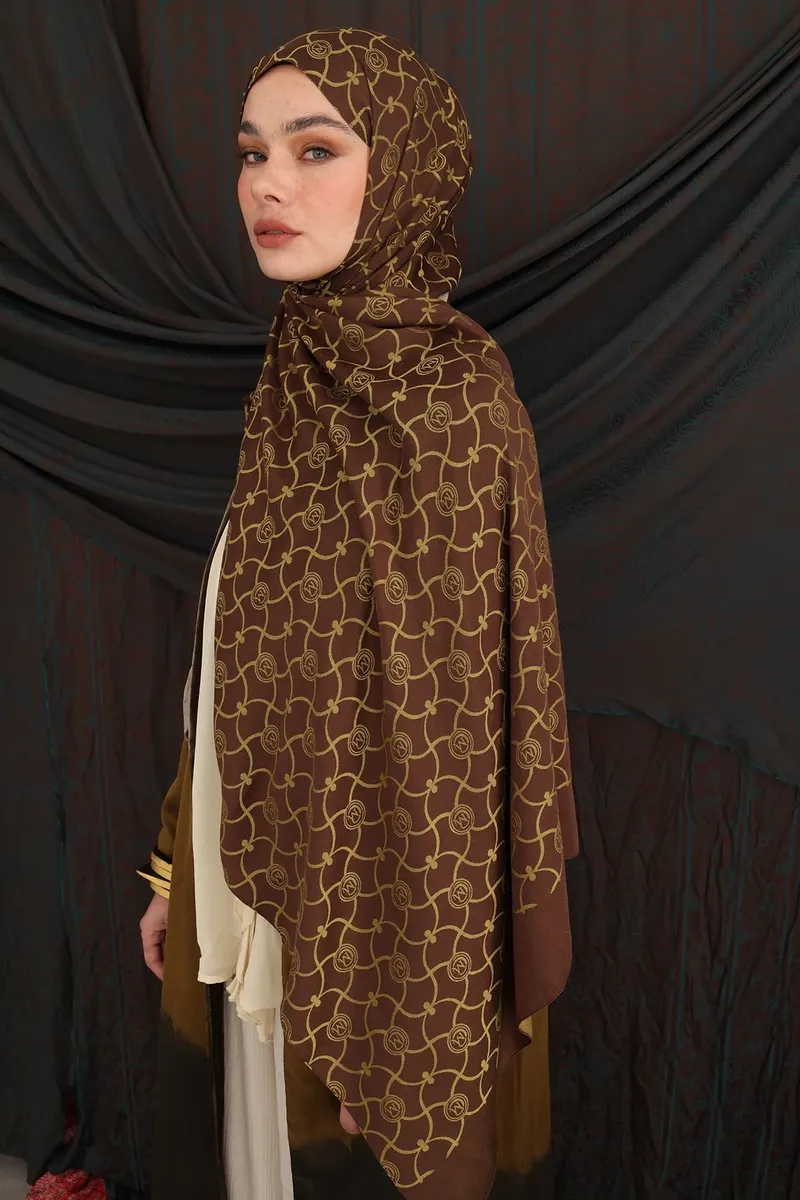 Acı Kahve-Somon Marrakech Desen Çift Taraflı Şal