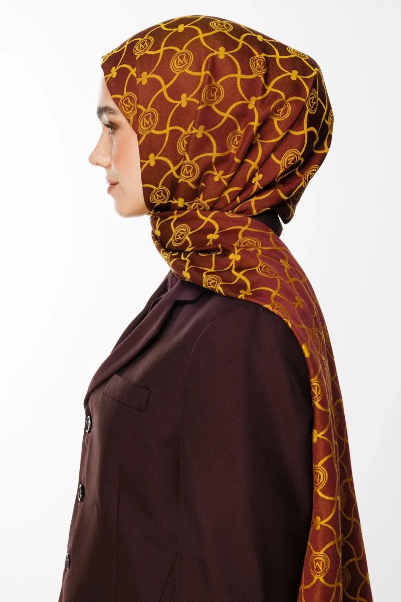 Mürdüm-Sarı Marrakech Desen Çift Taraflı Şal