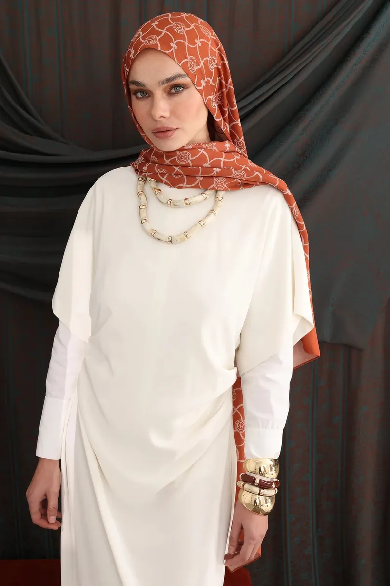 Tarçın-Bej Marrakech Desen Çift Taraflı Şal