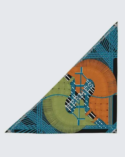 Mavi & Haki - Geometrik Hasır Desenli Kaşmir Omuz Şalı · Mavi