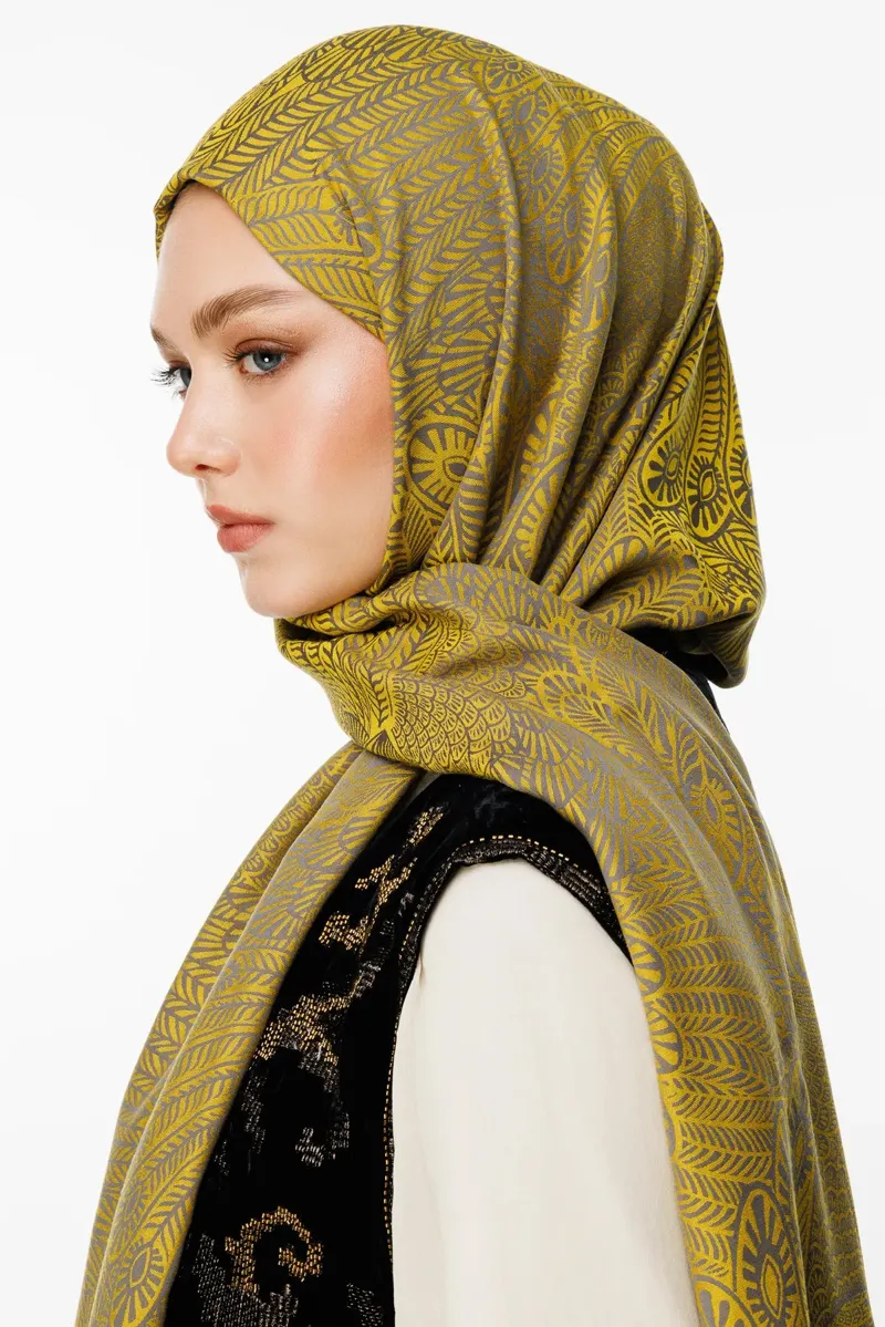 Koyu Gri-Hardal Mayra Desen Çift Taraflı Şal