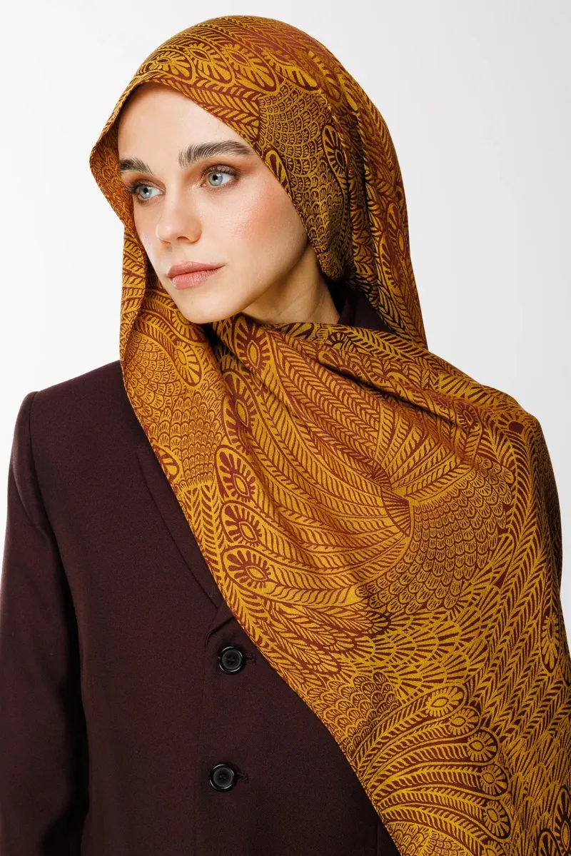 Mürdüm-Sarı Mayra Desen Çift Taraflı Şal