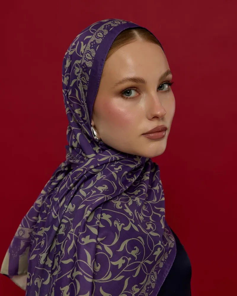 Menekşe & Krem Zencefil Lale Bahçesi Desen Şal - 03