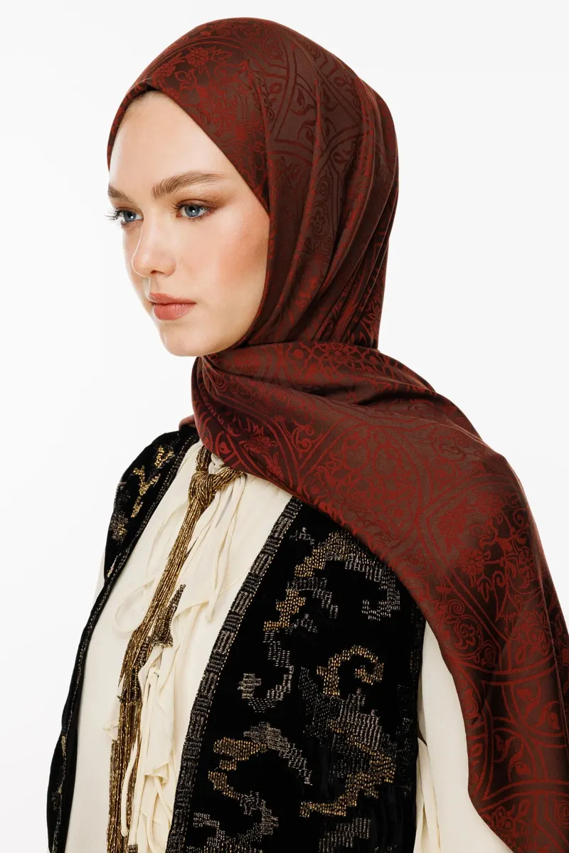 Acı Kahve-Kahve Morocco Desen Çift Taraflı Şal