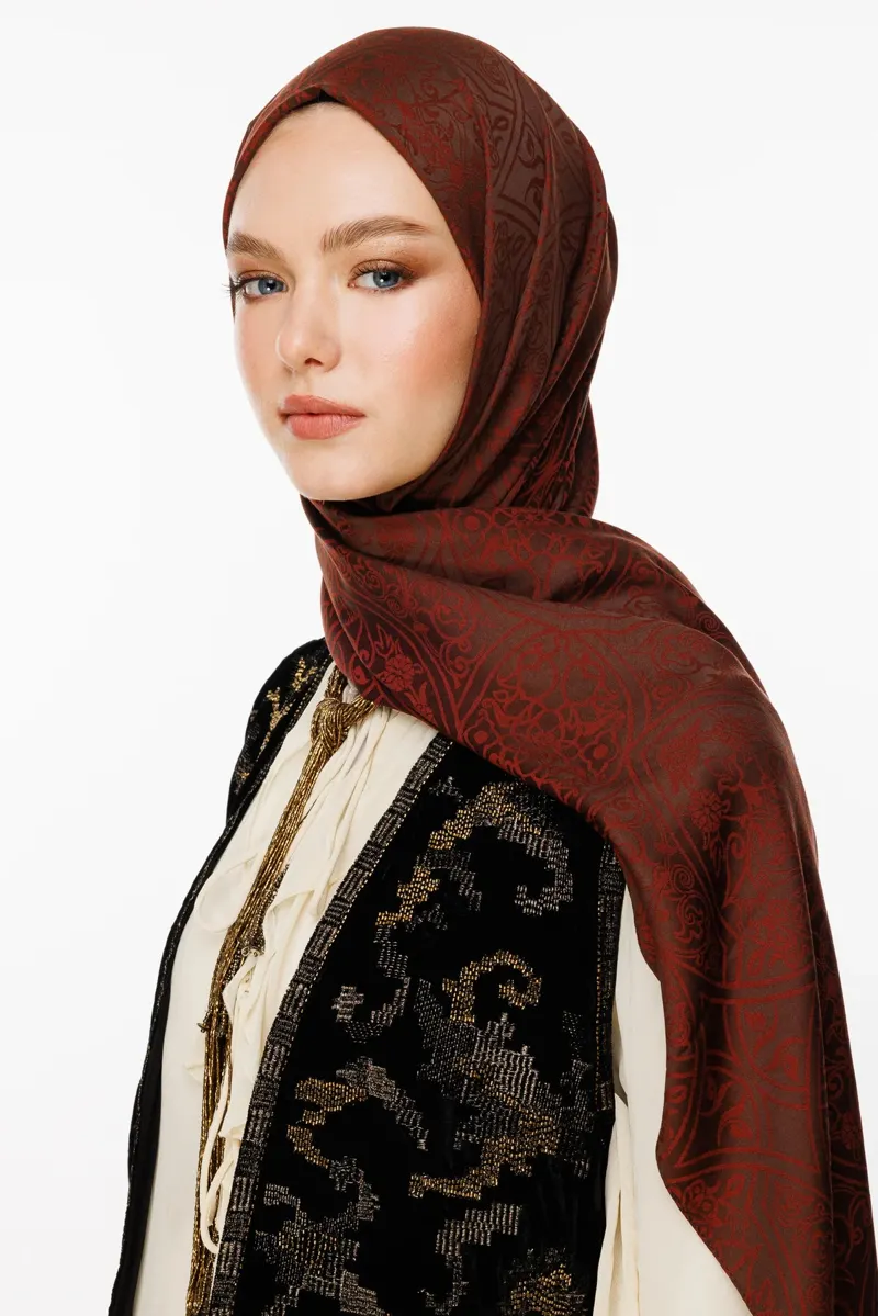 Acı Kahve-Kahve Morocco Desen Çift Taraflı Şal