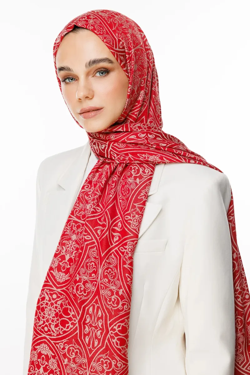 Bordo-Mint Yeşili Morocco Desen Çift Taraflı Şal