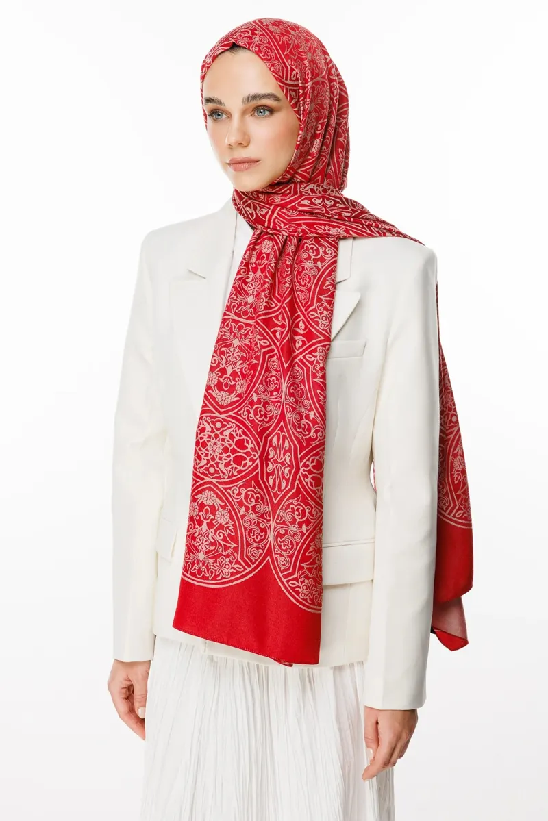 Bordo-Mint Yeşili Morocco Desen Çift Taraflı Şal