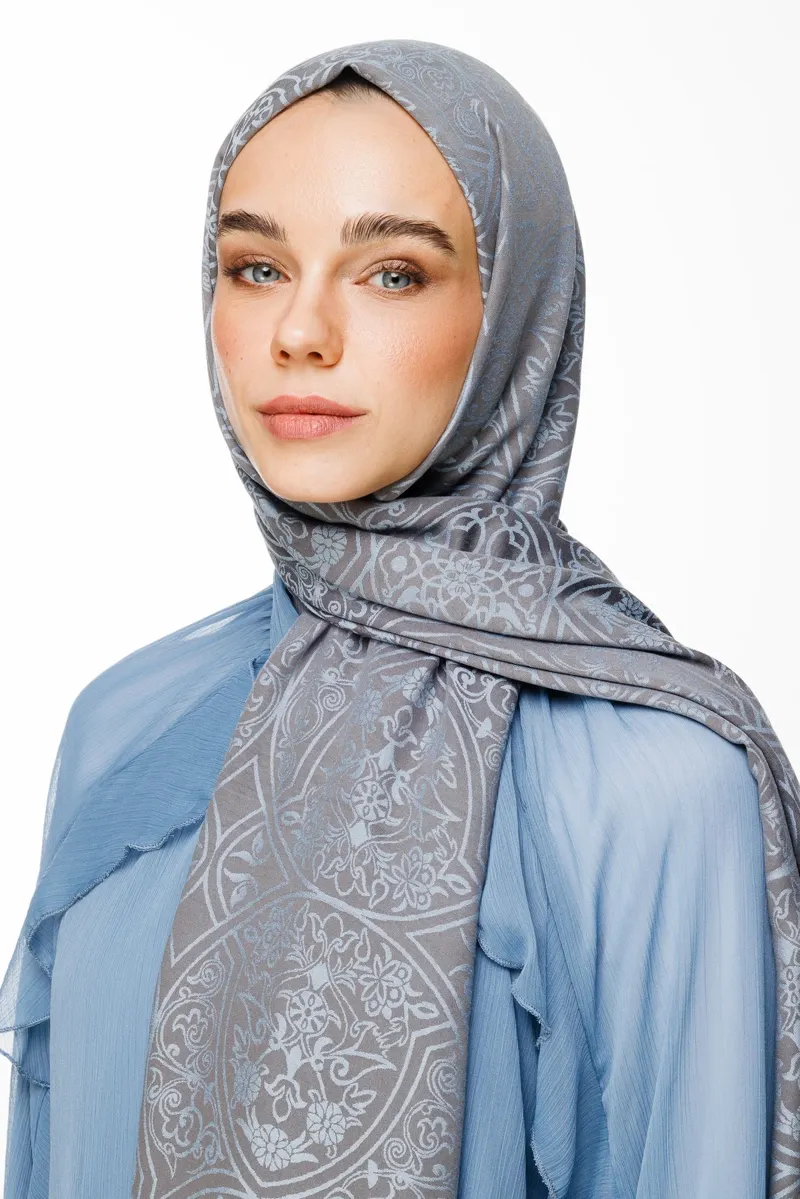 Koyu Gri-Açık Mavi Morocco Desen Çift Taraflı Şal