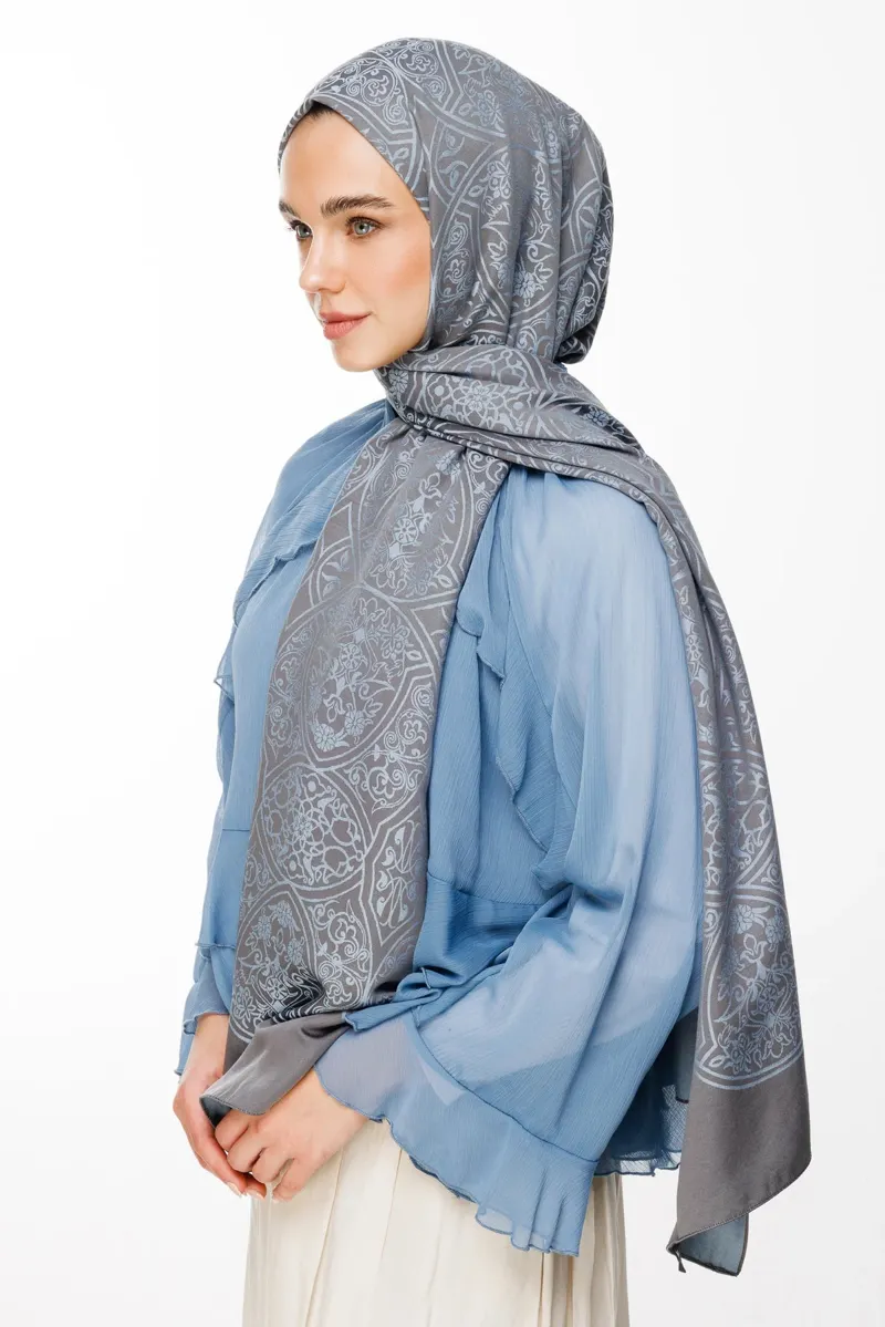 Koyu Gri-Açık Mavi Morocco Desen Çift Taraflı Şal