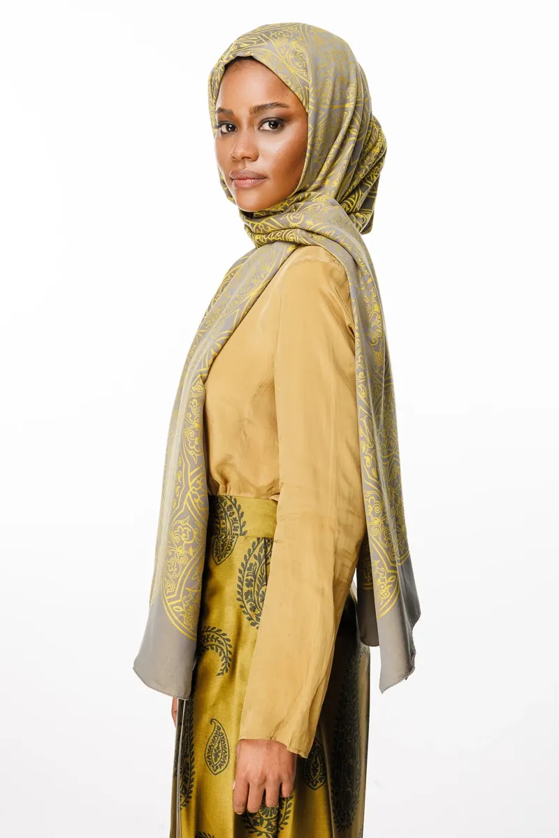 Koyu Gri-Hardal Morocco Desen Çift Taraflı Şal