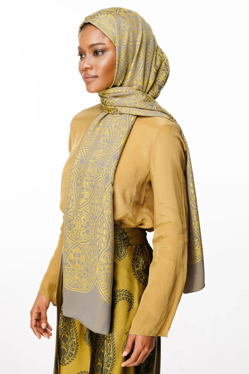 Koyu Gri-Hardal Morocco Desen Çift Taraflı Şal